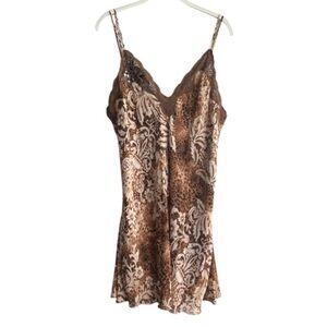 Linea Donatella Lace Trim Chemise Slip Dress Lined Brown Cream Tan Size L